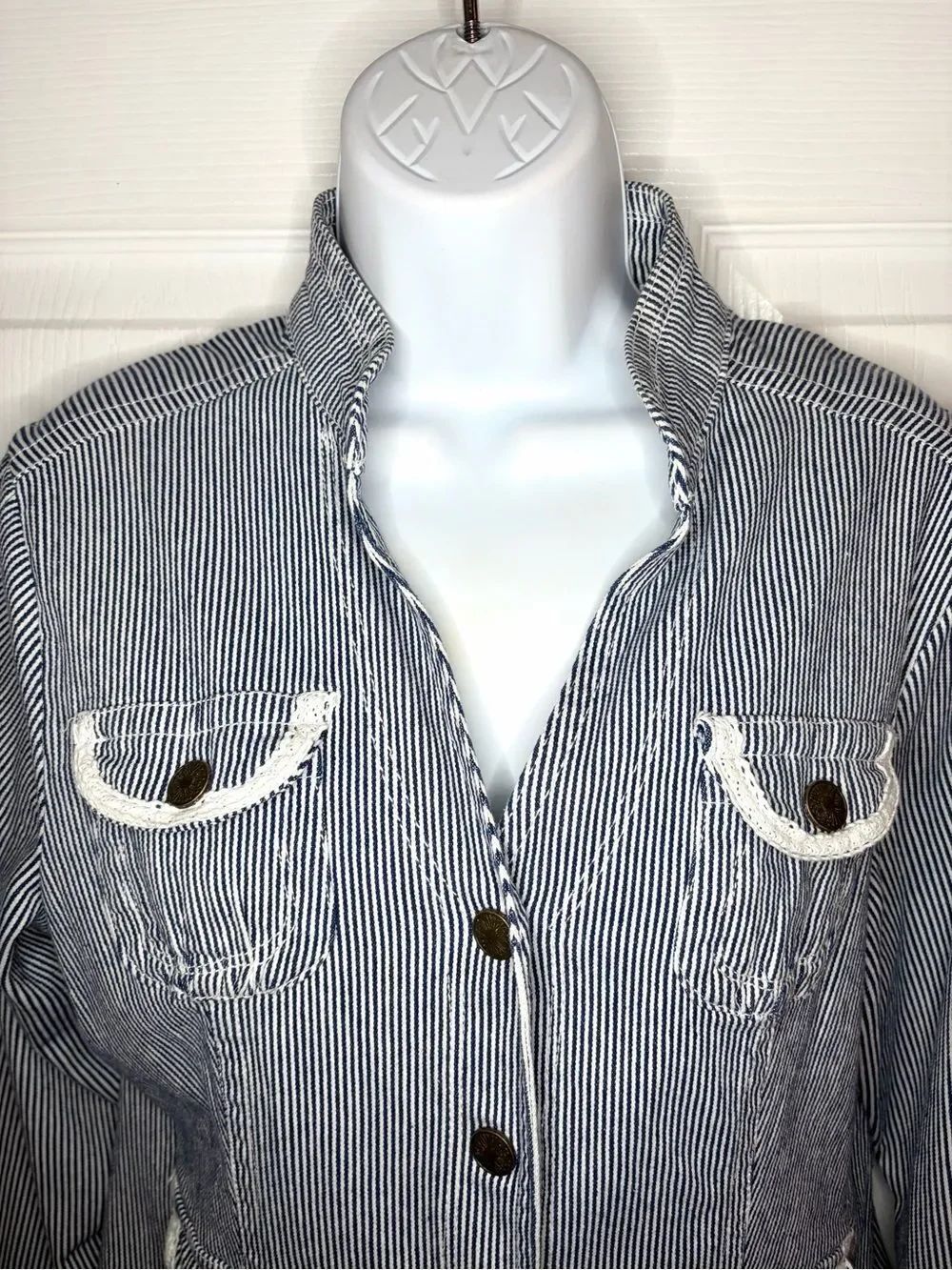 Y2K Ami Blue Striped Cotton Denim Jacket Blazer Pocket Lace Details S - Picture 3 of 9
